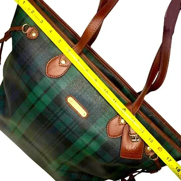 Black Watch Plaid Coated Canvas Leather Oversized Shoulder Bag Metal Feet